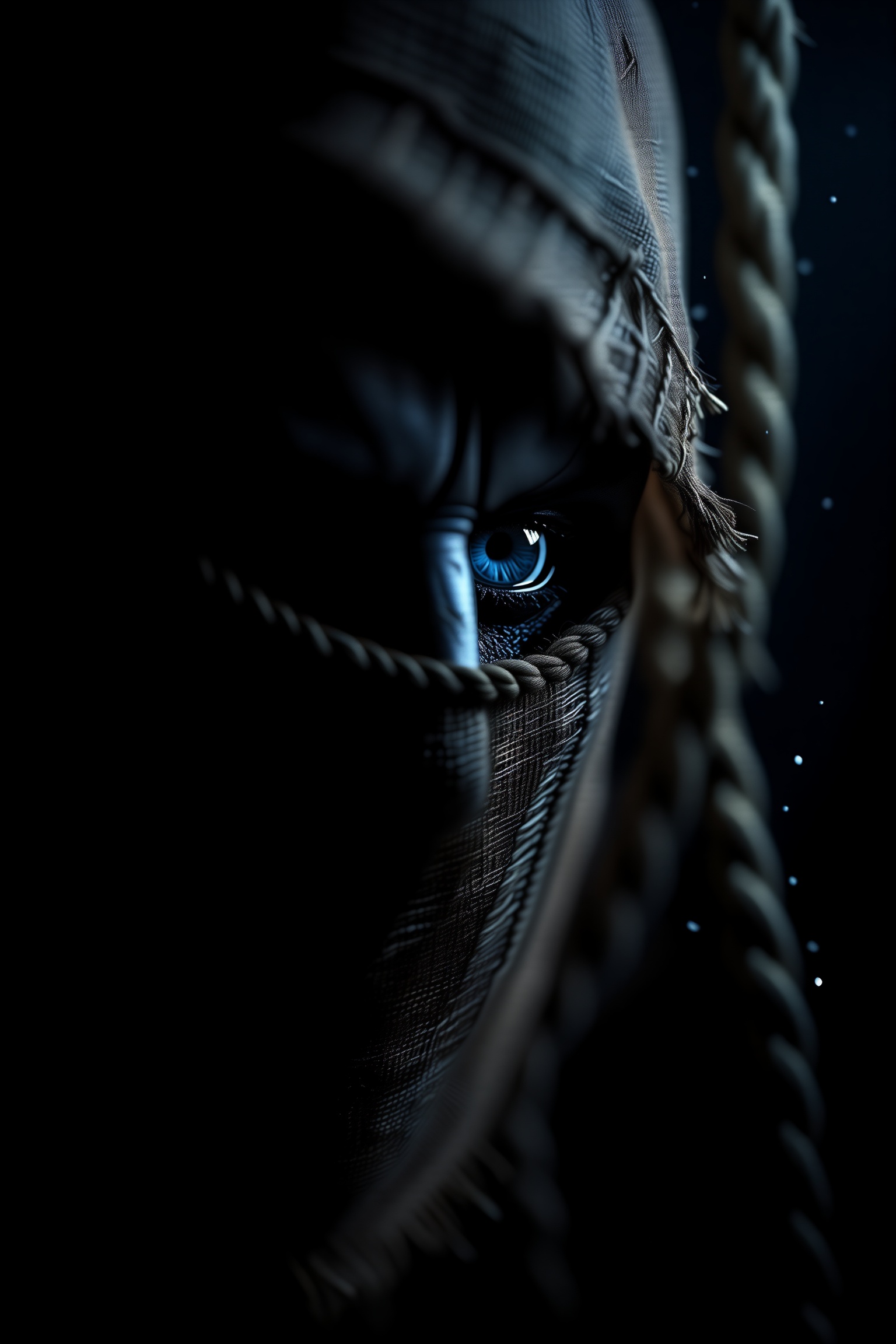 Ultra-hyper-detailed cinematic macro close-up photograph of a sinister dark fantasy monster,  face tightly wrapped in an a...
