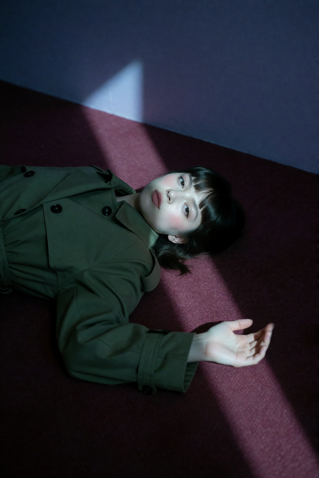 A young woman with blunt dark bangs lies on a burgundy carpet illuminated by a sharp,  geometric beam of cool light. Weari...