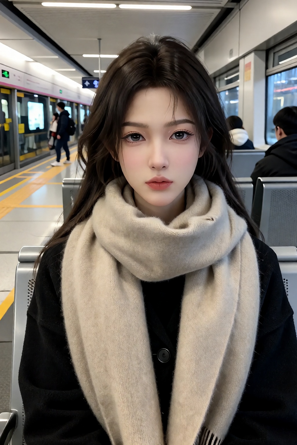 生活写实照,  the image depicts a person seated on a subway train,  captured in a close-up portrait by 让AI更感性 on Tensor.Art