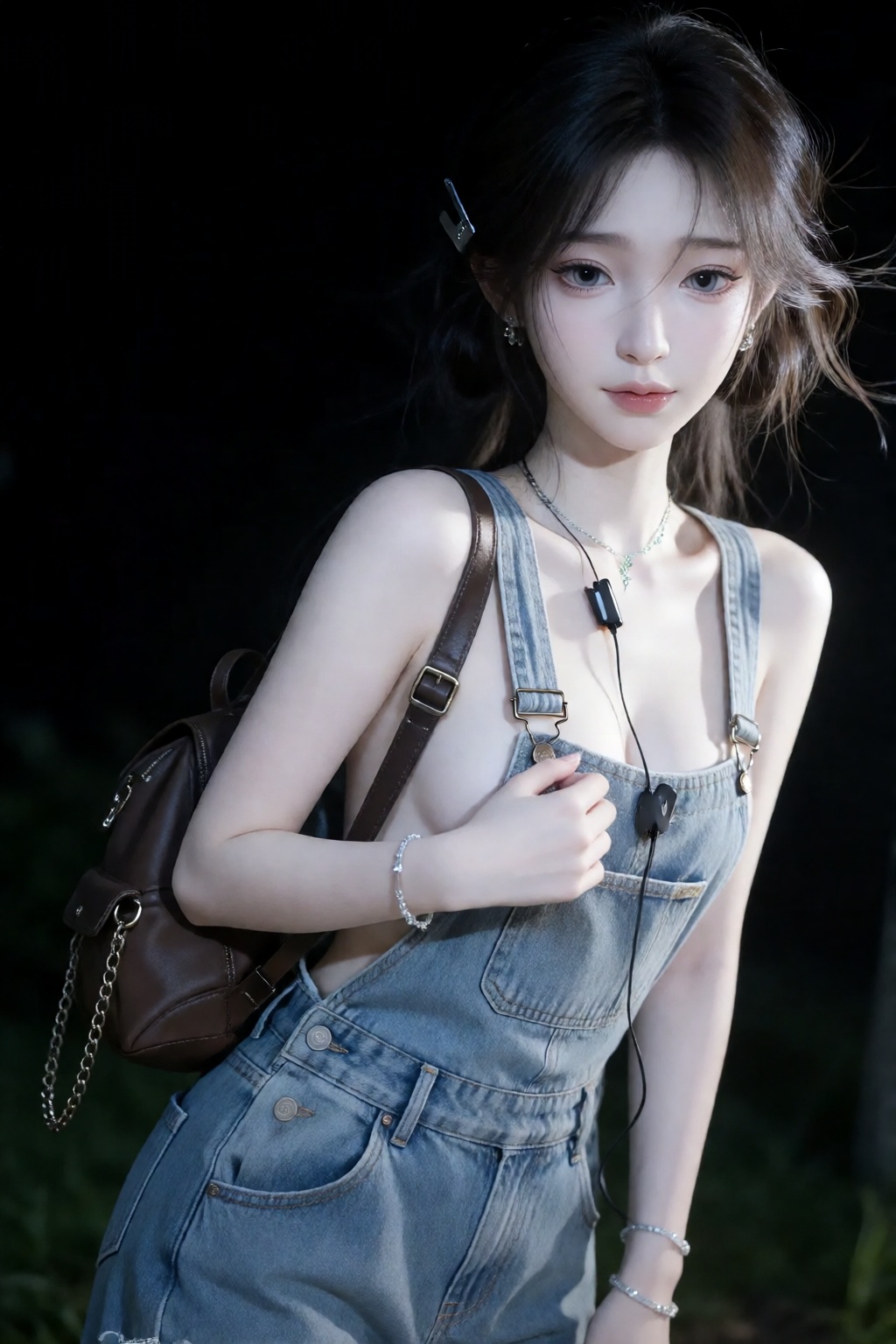 在室外,  娇羞可爱的随机表情,  连体背带牛仔裤 by 让AI更感性 on Tensor.Art