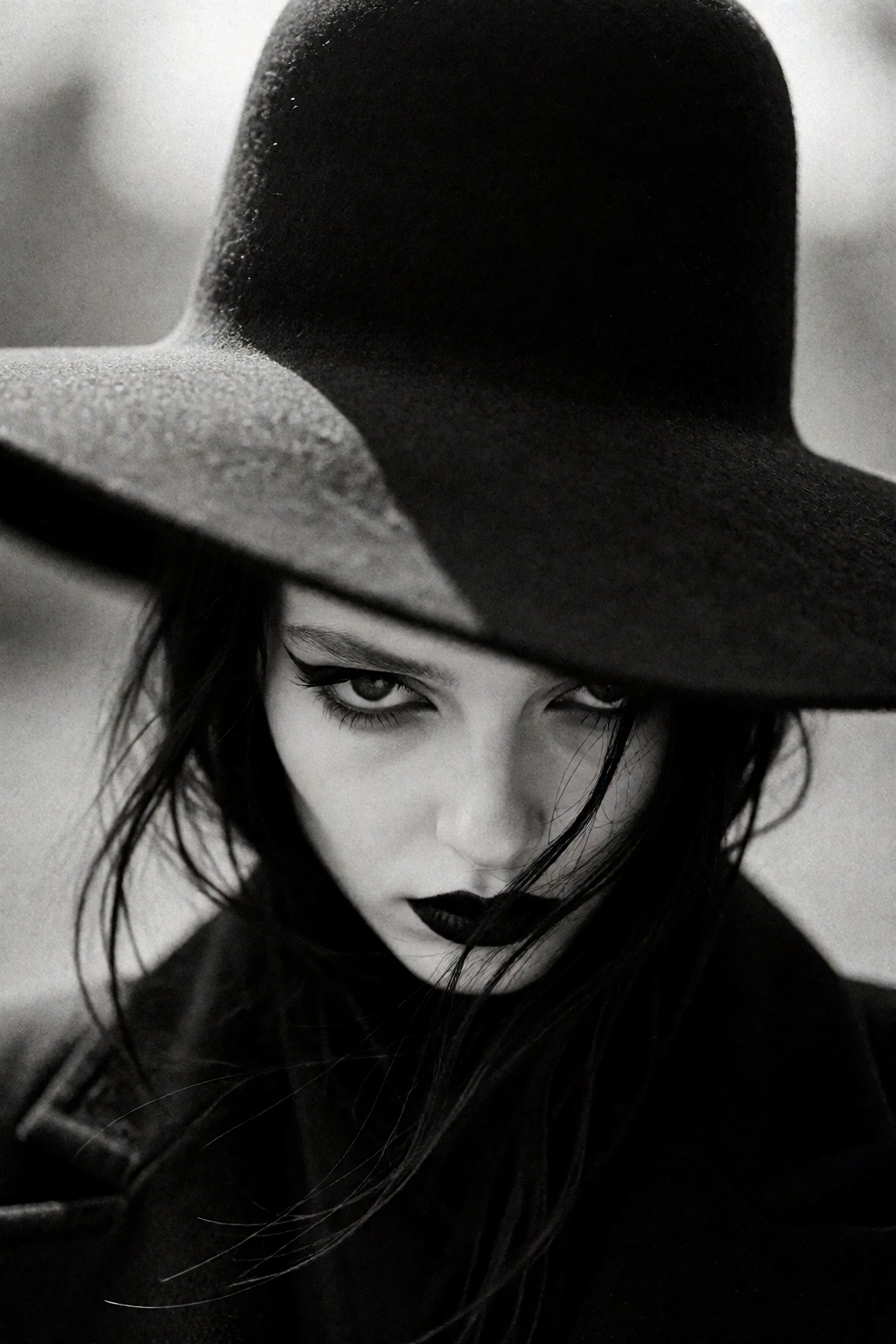 A high-contrast monochrome close-up portrait of a pale figure dwarfed by a massive,  sweeping black hat. The smooth,  over...
