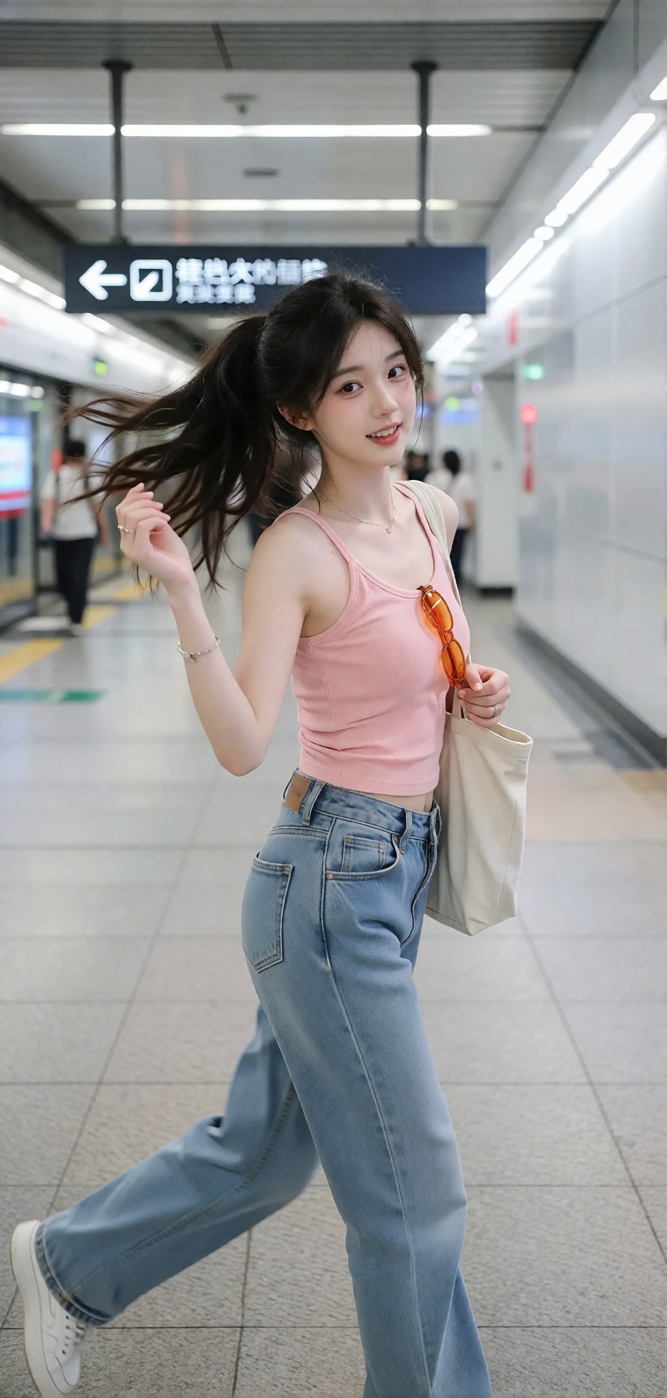 【主题】OOTD｜赶地铁的随手拍,  意外收获人生照片【人物】多巴胺穿搭女孩,  粉色挂脖背心+天蓝色牛仔喇叭裤 by 让AI更感性 on Tensor.Art