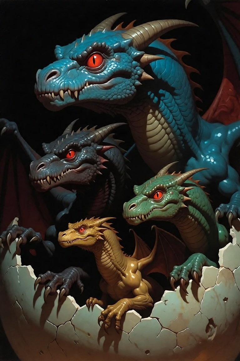 The image depicts a group of four dragons emerging from a cracked egg. The dragons are of different colors and sizes,  eac...