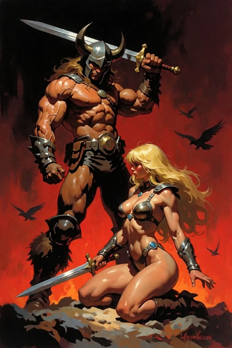 The image depicts a scene with two characters,  a male and a female,  standing on a rocky terrain. The male character is s...