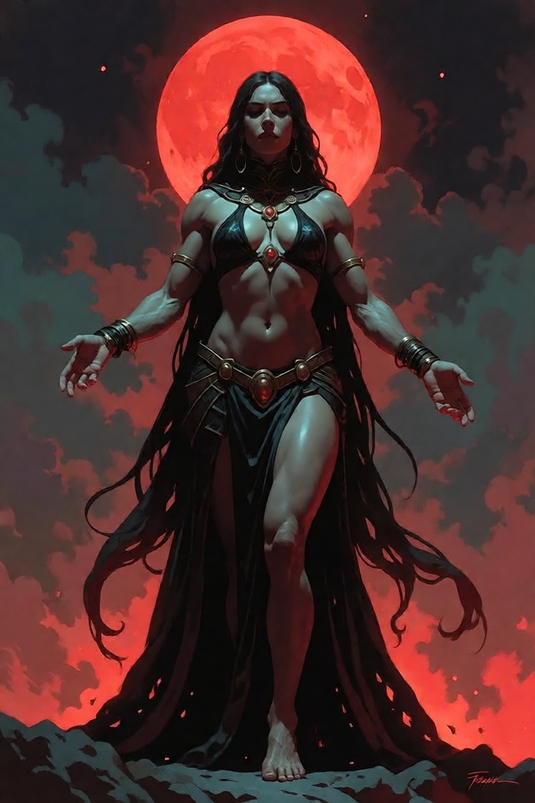 The image depicts a mystical figure standing in a dramatic landscape. The figure is adorned in intricate,  dark,  and flow...