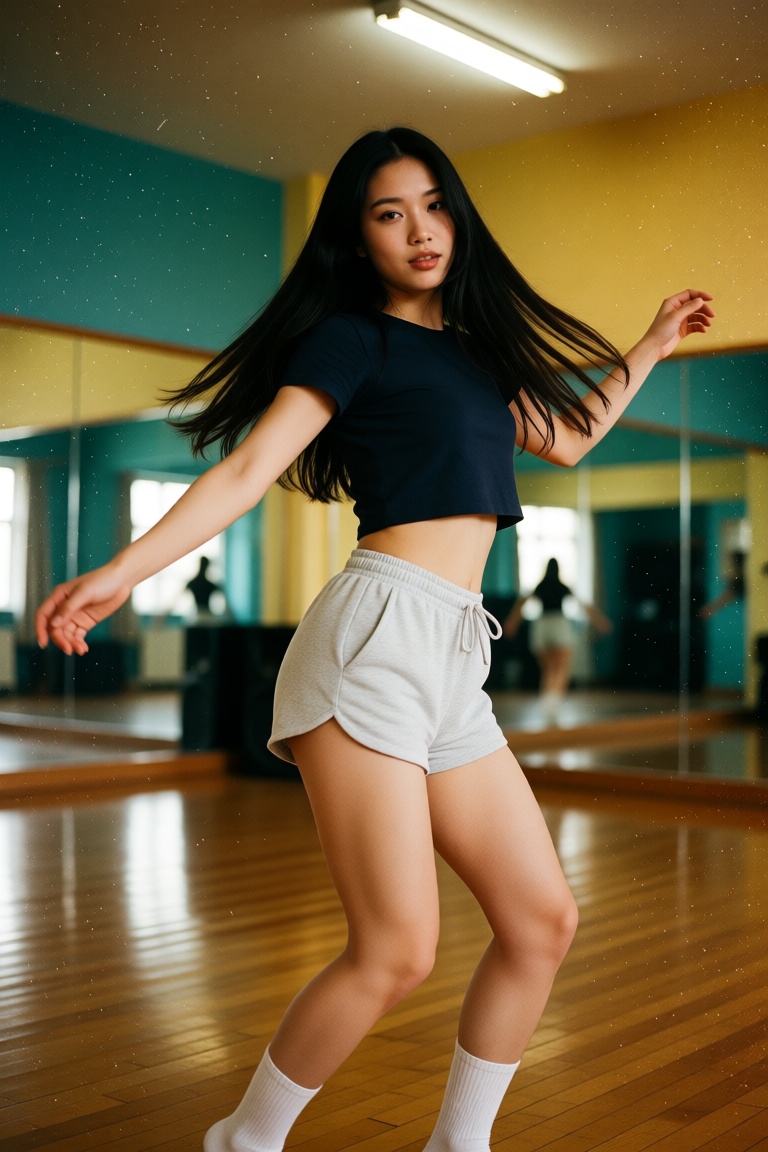 A full-body retro film photograph of a young Asian woman dancing dynamically in a studio. She has long,  flowing straight...