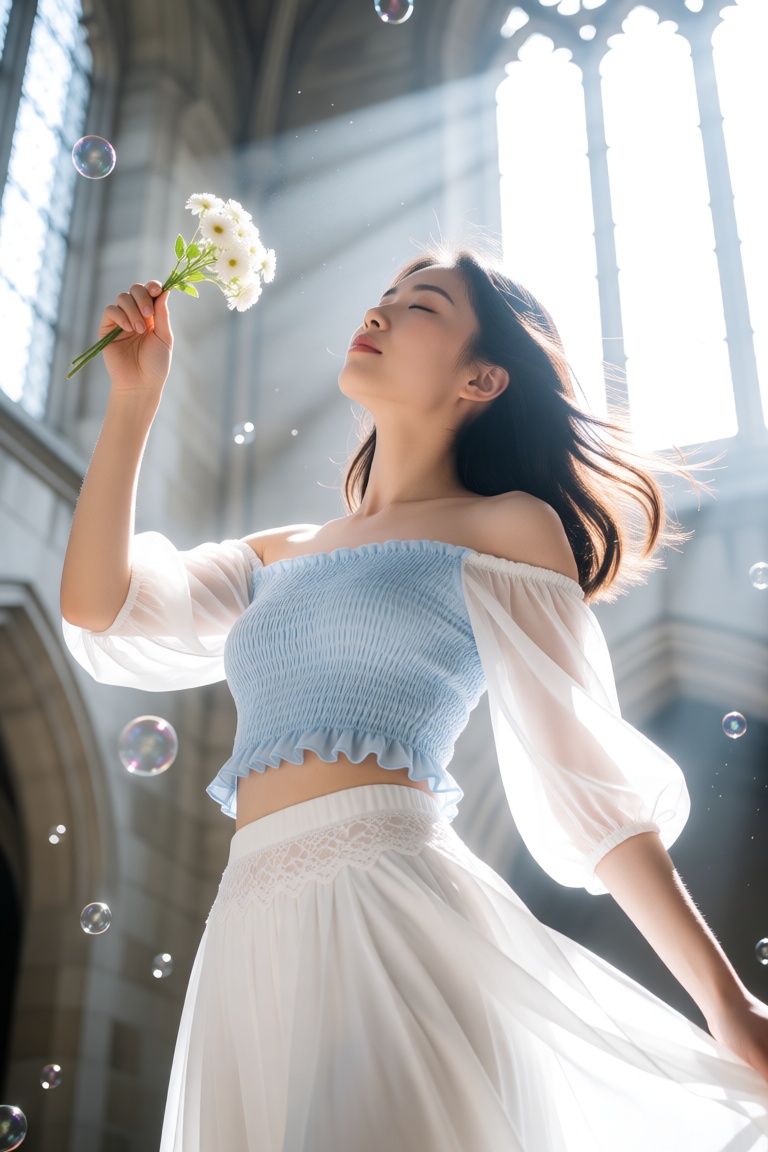 Low angle shot looking up at a young Asian woman standing in a bright stone interior with tall arched windows. She holds a...