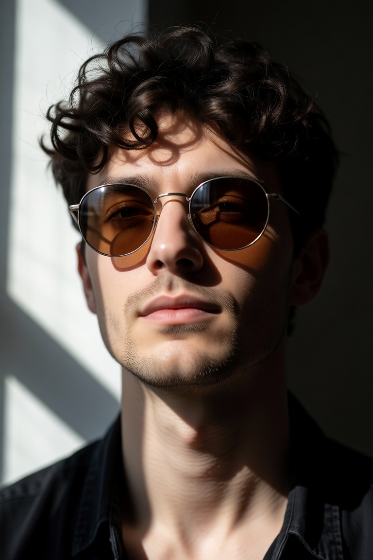 medium portrait close-up,  young man early 20s with messy dark curly hair and light facial stubble,  wearing round metal-f...