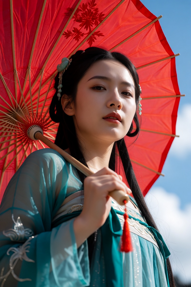 Close up portrait from low angle below,  woman looking directly at the camera lens. She holds a large red traditional pape...