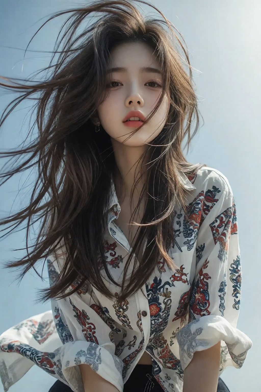 一位长发及腰、模样似洋娃娃般可爱的女生。低角度垂直仰拍看向镜头,  采用超广角,  体现动态美学 by 剑舞轻风 on Tensor.Art