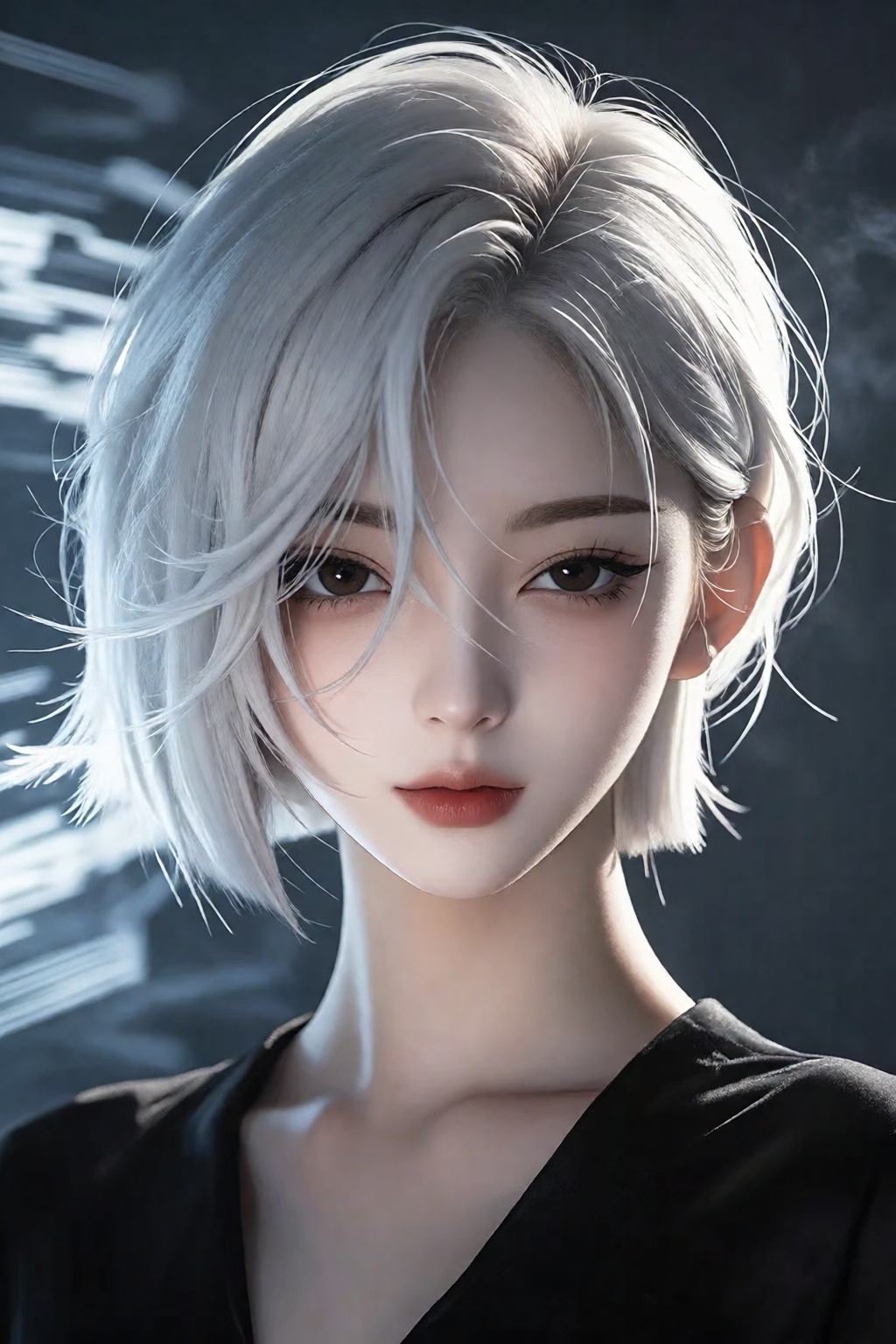 真人写实摄影,  一名银白渐变短发朋克美女正脸半身人像,  短发 by 剑舞轻风 on Tensor.Art