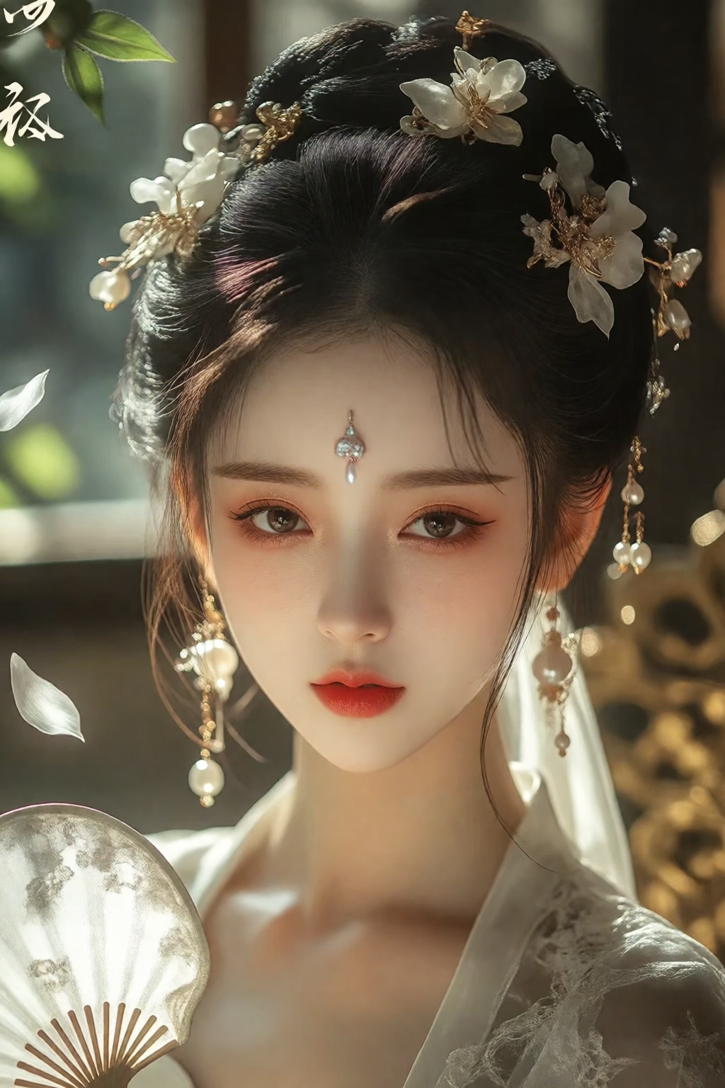 A young woman with East Asian features poses in a soft ethereal portrait her dark hair styled in an intricate updo adorned...
