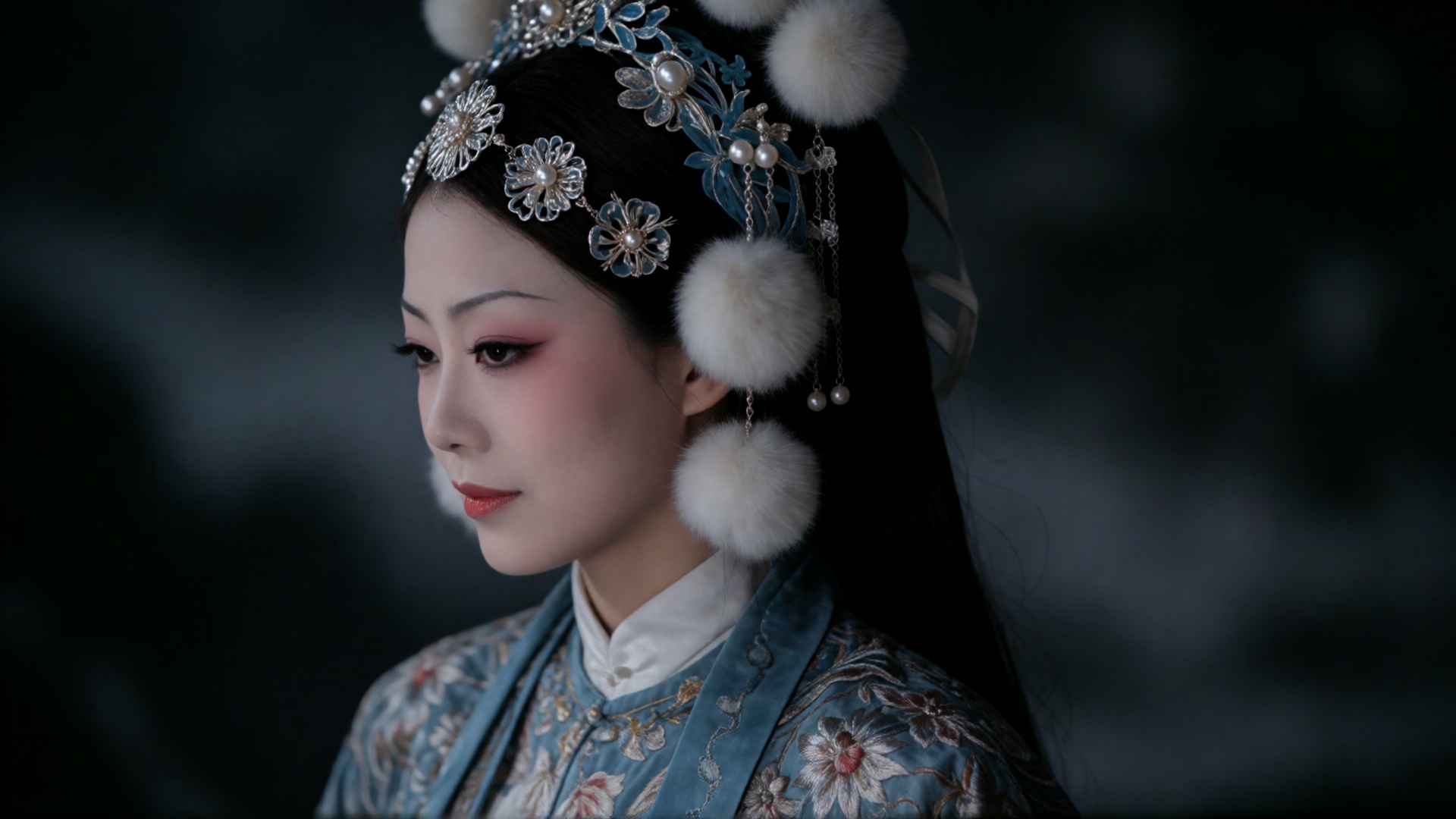 特写侧影镜头下,  一名身着精致中式戏曲戏服的人物映入眼帘。表演者头戴做工繁复华丽的银质头饰,  头饰镶嵌珍珠与亮眼金属花卉纹饰 by SUNSHINE on Tensor.Art