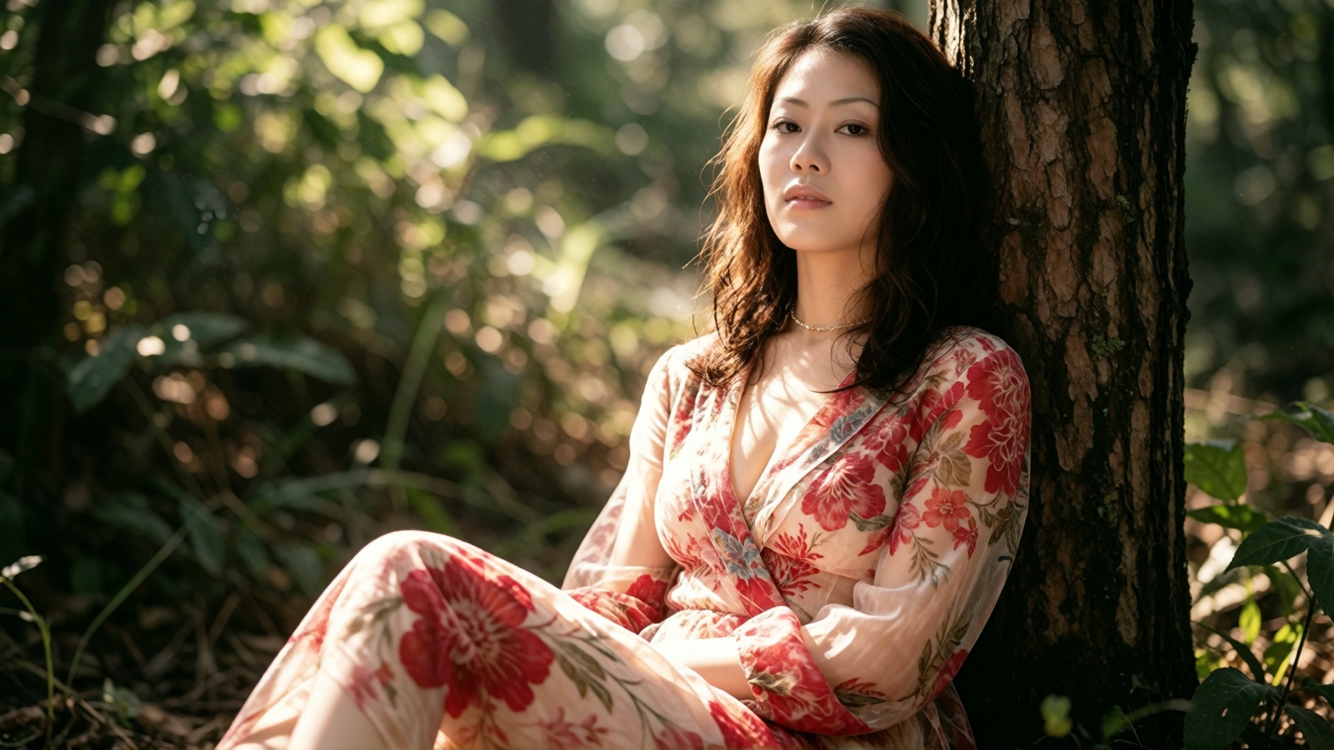 A young woman with wavy brown hair sits against a rough-barked tree in a sun-dappled forest. She wears a lightweight,  sem...