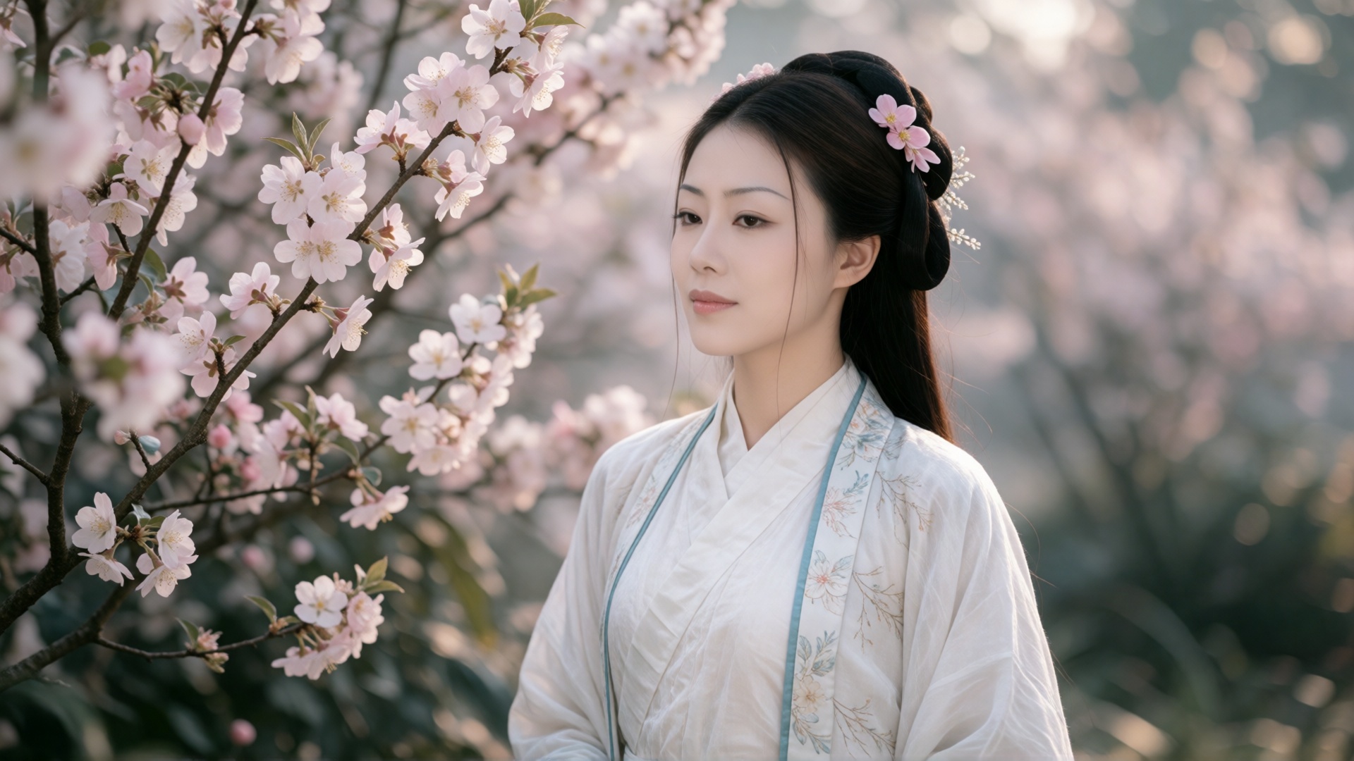 一位面容清秀、脸型椭圆的年轻女子神情悠然,  伫立在繁茂盛放的梅花丛中。她乌黑的秀发梳成精致典雅的传统发髻,  点缀着粉嫩小花 by SUNSHINE on Tensor.Art