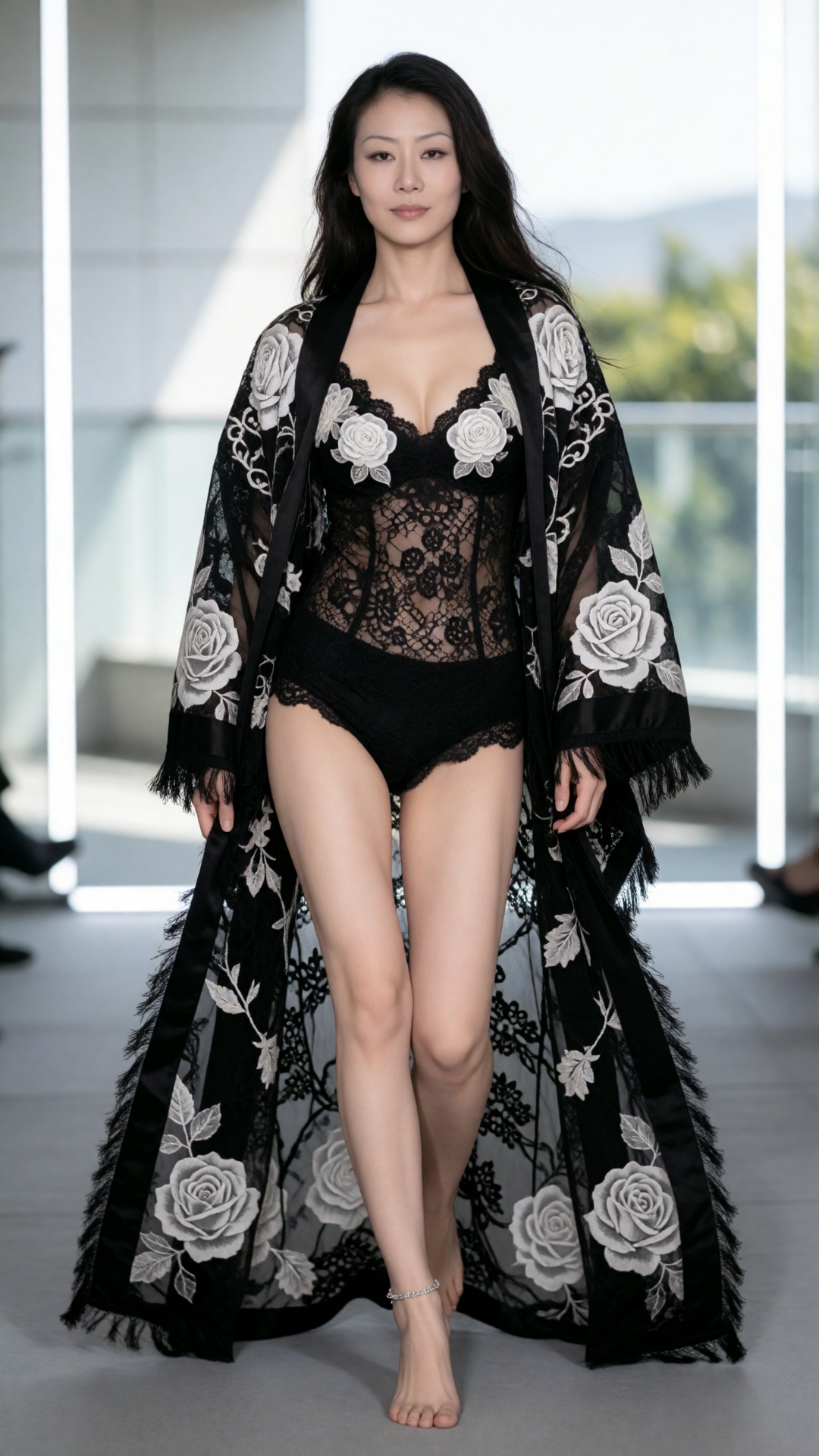A full-length,  high-fashion photograph captures an East Asian woman walking forward on a smooth gray runway. She wears a...