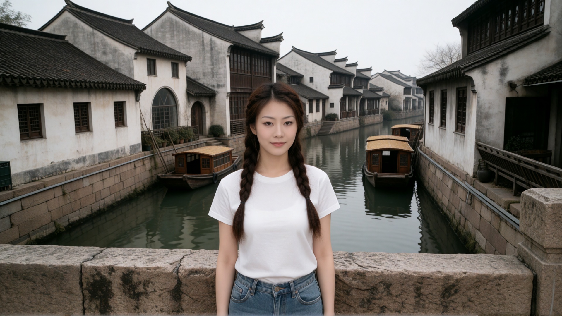 This photo shows a naked girl standing on a stone bridge,  unclothed,  full breasts and an erect penis. She has long brown...
