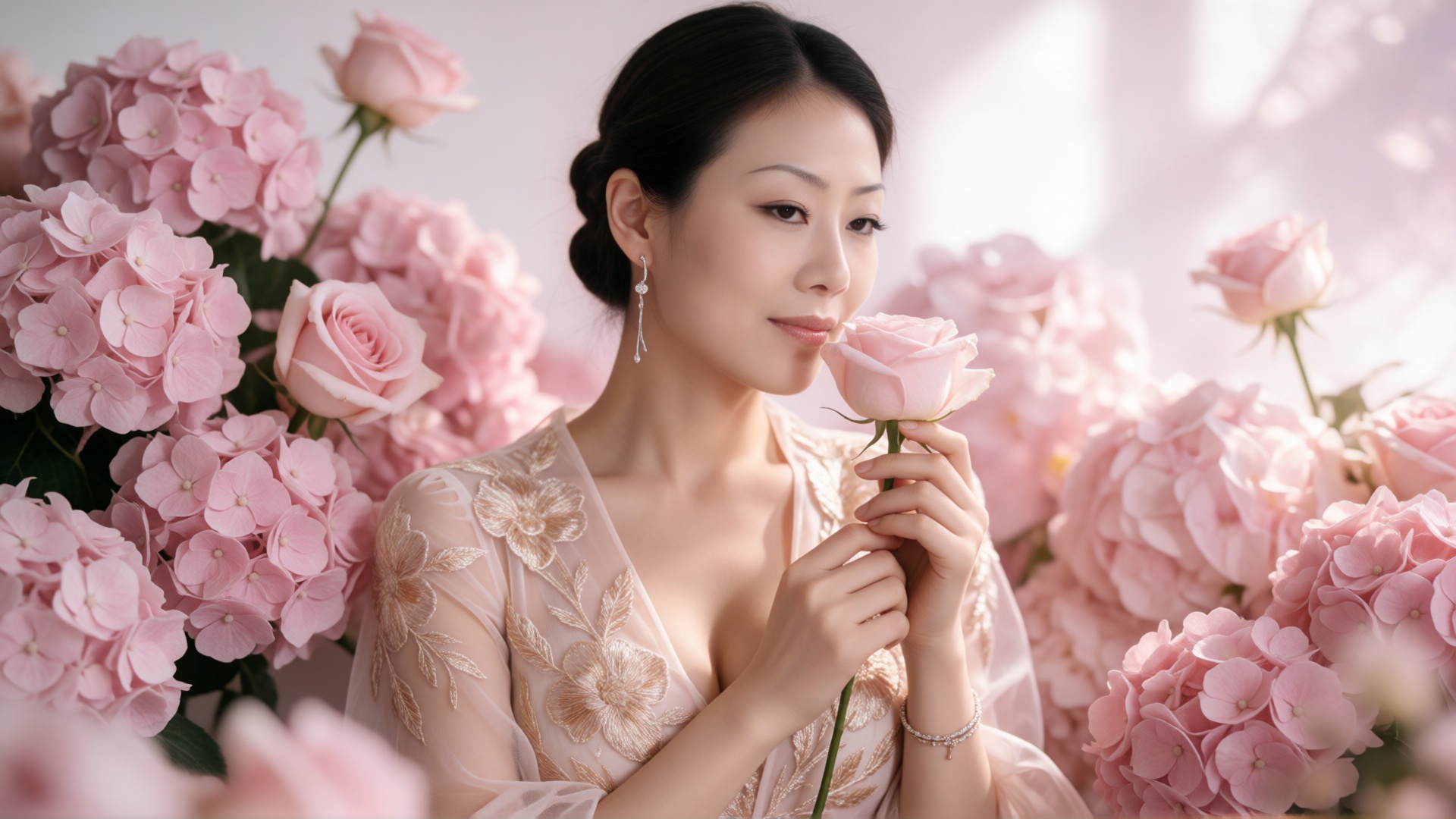 reba,  A woman with dark hair styled in a sleek updo is captured in a soft,  dreamy portrait by SUNSHINE on Tensor.Art