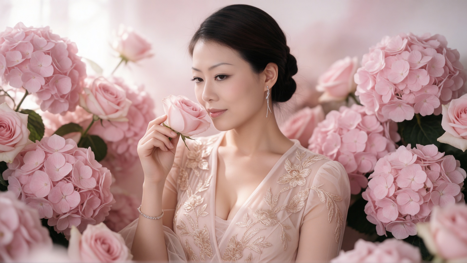 reba,  A woman with dark hair styled in a sleek updo is captured in a soft,  dreamy portrait by SUNSHINE on Tensor.Art