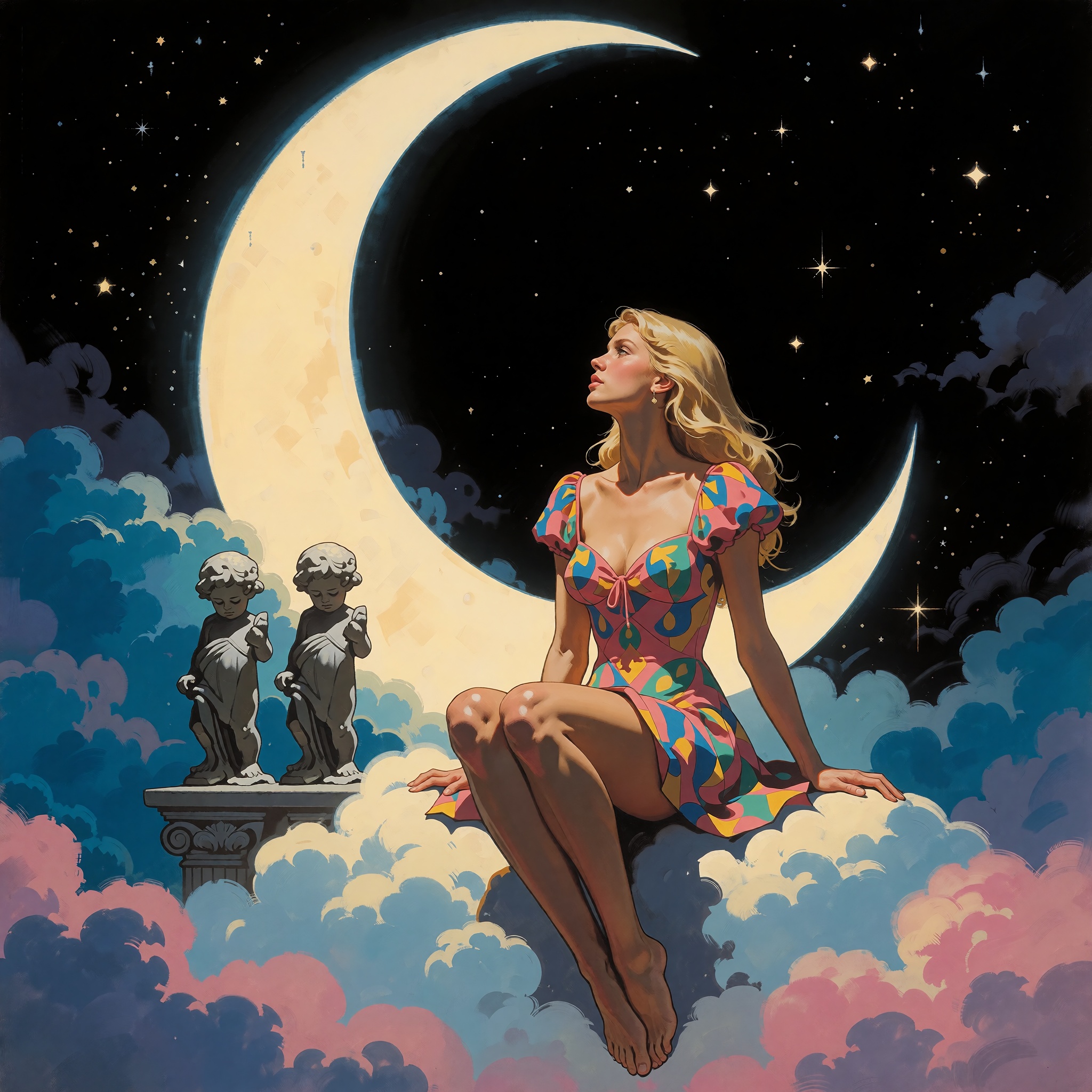 The image depicts a woman with long,  flowing blonde hair sitting on a cloud. She is dressed in a colorful,  patterned dre...