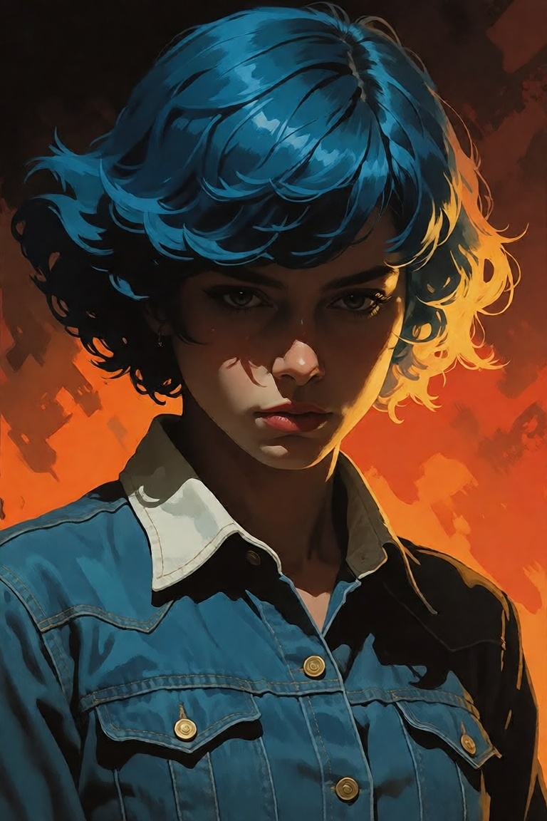 The image depicts a person with striking blue hair styled in a voluminous manner,  featuring a mix of vibrant and golden h...