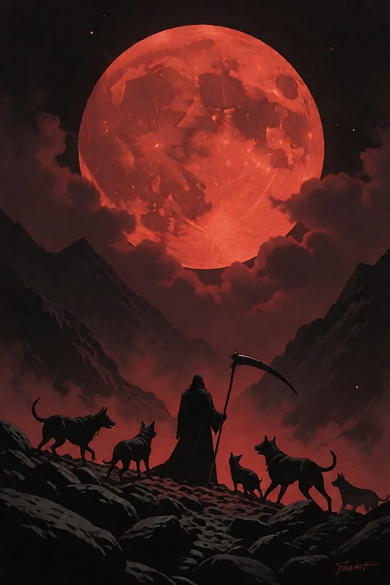 The image depicts a dark and ominous scene with a large red moon dominating the sky,  casting an eerie glow over the lands...