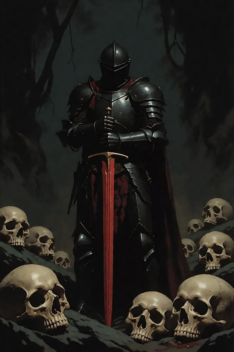 The image depicts a dark,  gothic scene with a knight in full armor standing prominently in the foreground. The knight is...