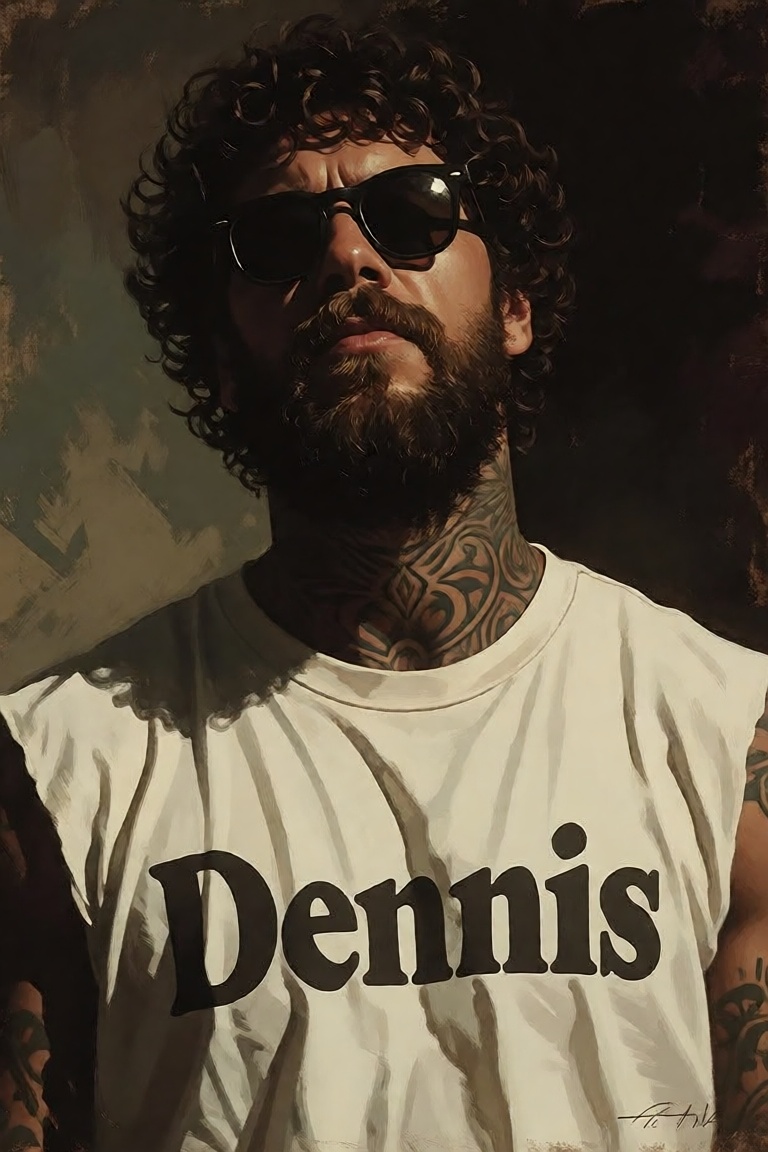 The image depicts a man with a full beard and curly hair,  wearing dark sunglasses. He has a prominent tattoo on his neck...