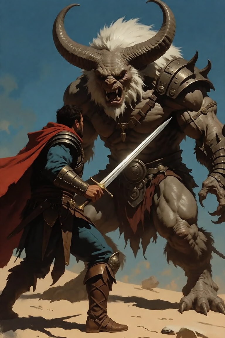 The image depicts a dramatic scene of a warrior facing a monstrous creature. The warrior is dressed in elaborate armor,  i...