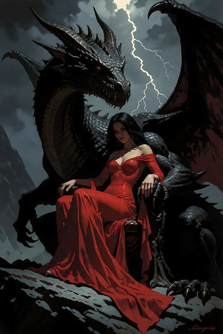 The image depicts a dramatic scene with a woman dressed in a flowing red gown,  seated on a throne-like structure. She is...
