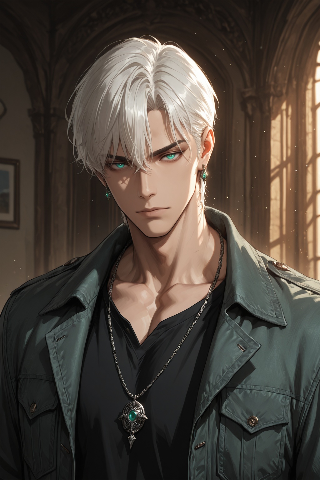 ......... ),  ,  solo looking at viewer short hair bangs shirt 1boy hair between eyes jewelry closed mouth green eyes jack...