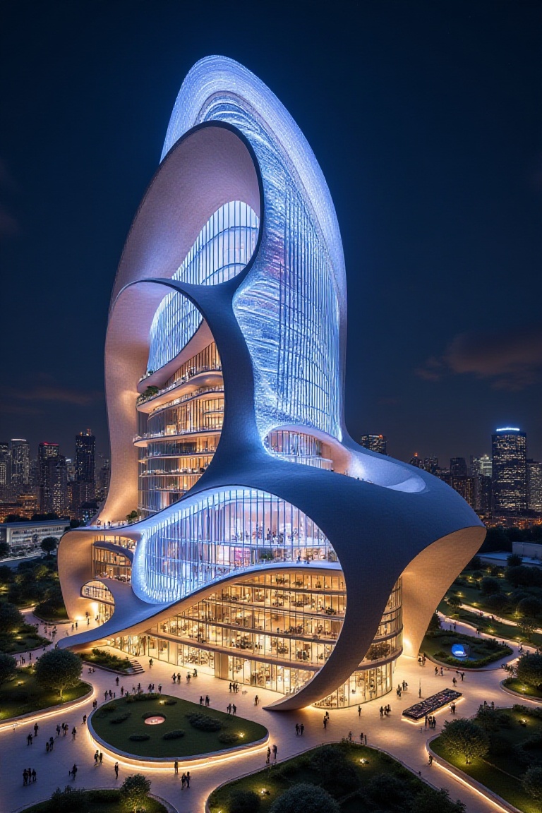 A futuristic nighttime skyline featuring a near-kilometer-tall skyscraper rising like a sacred urban monument. The tower’s...