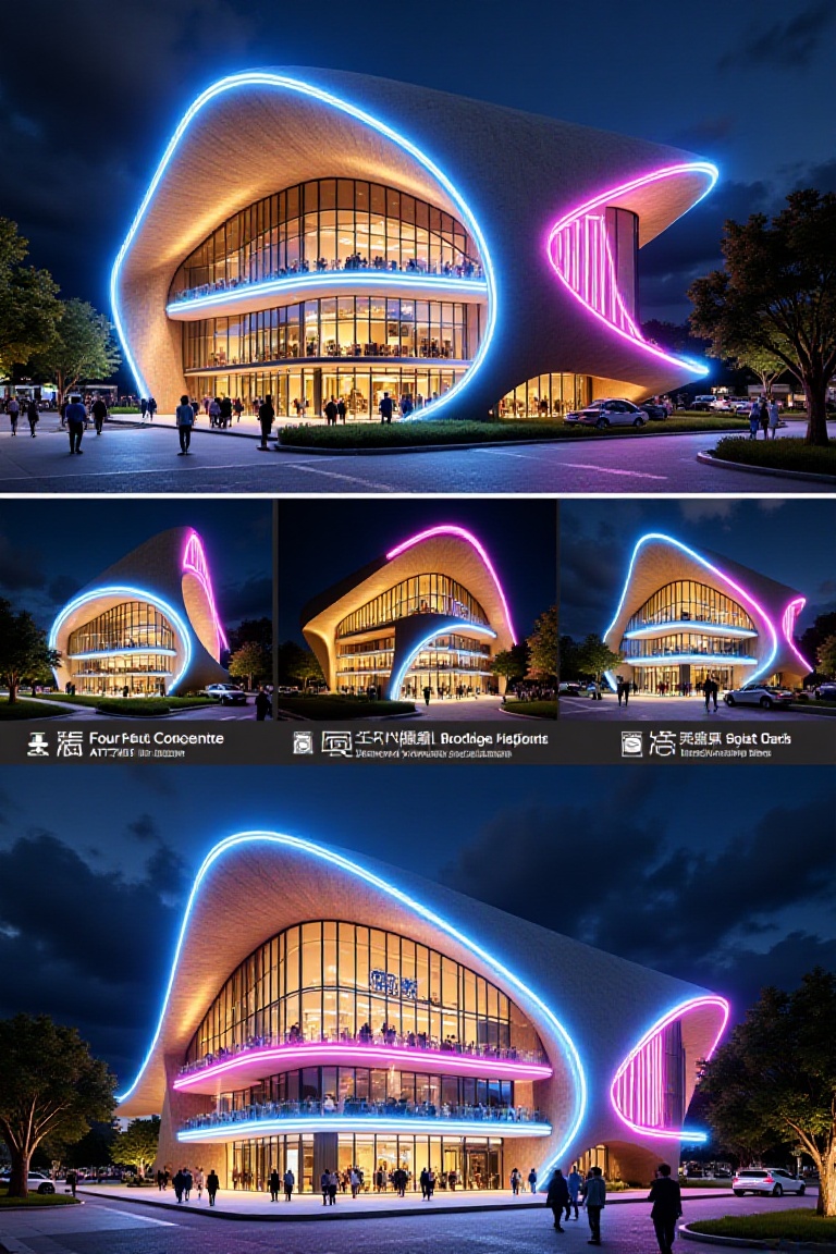 "The image showcases a futuristic architectural design for a building labeled as ""Four Pile Concrete"" with a specific mo...