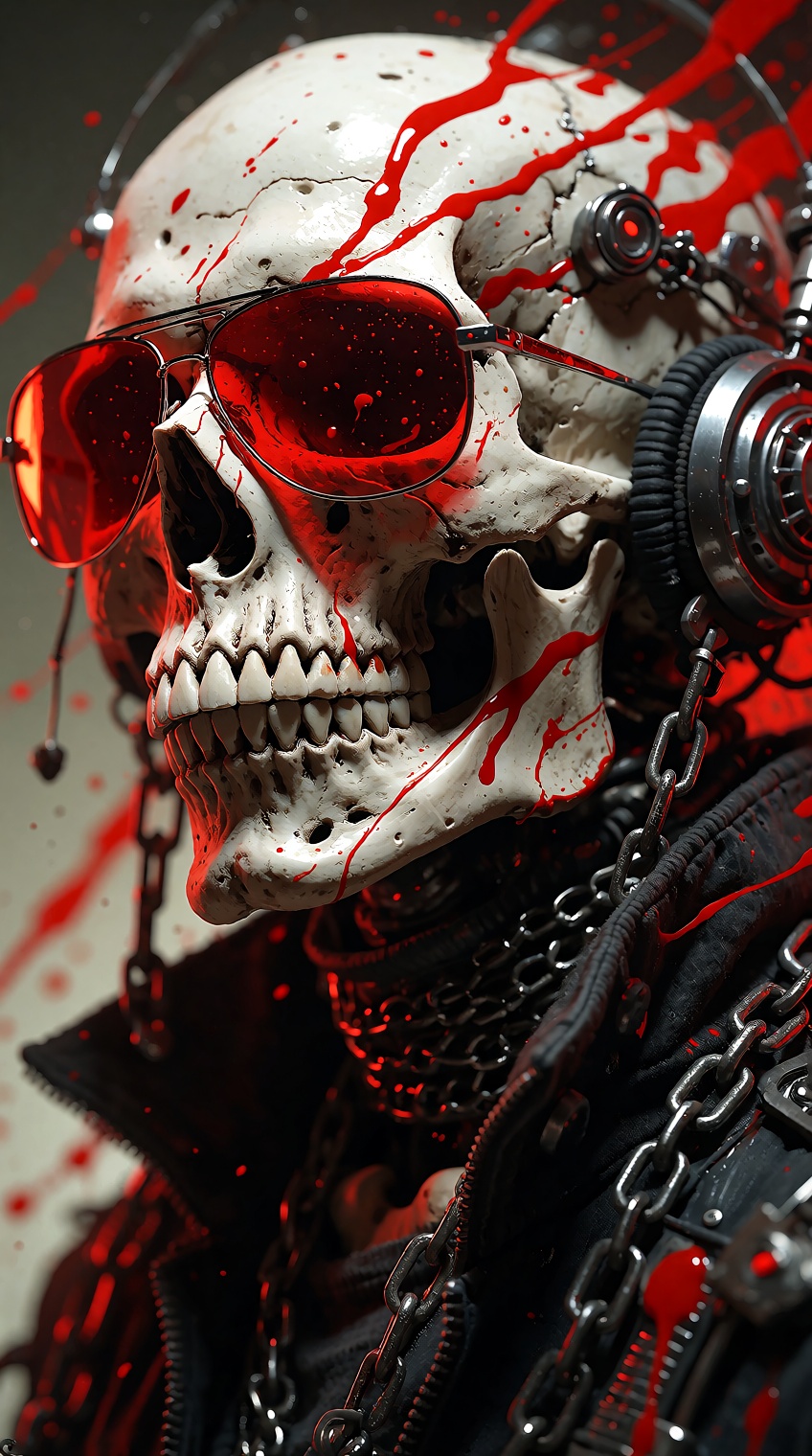 A highly detailed,  cinematic portrait of a stylized skull wearing bright red,  mirrored aviator sunglasses on Tensor.Art