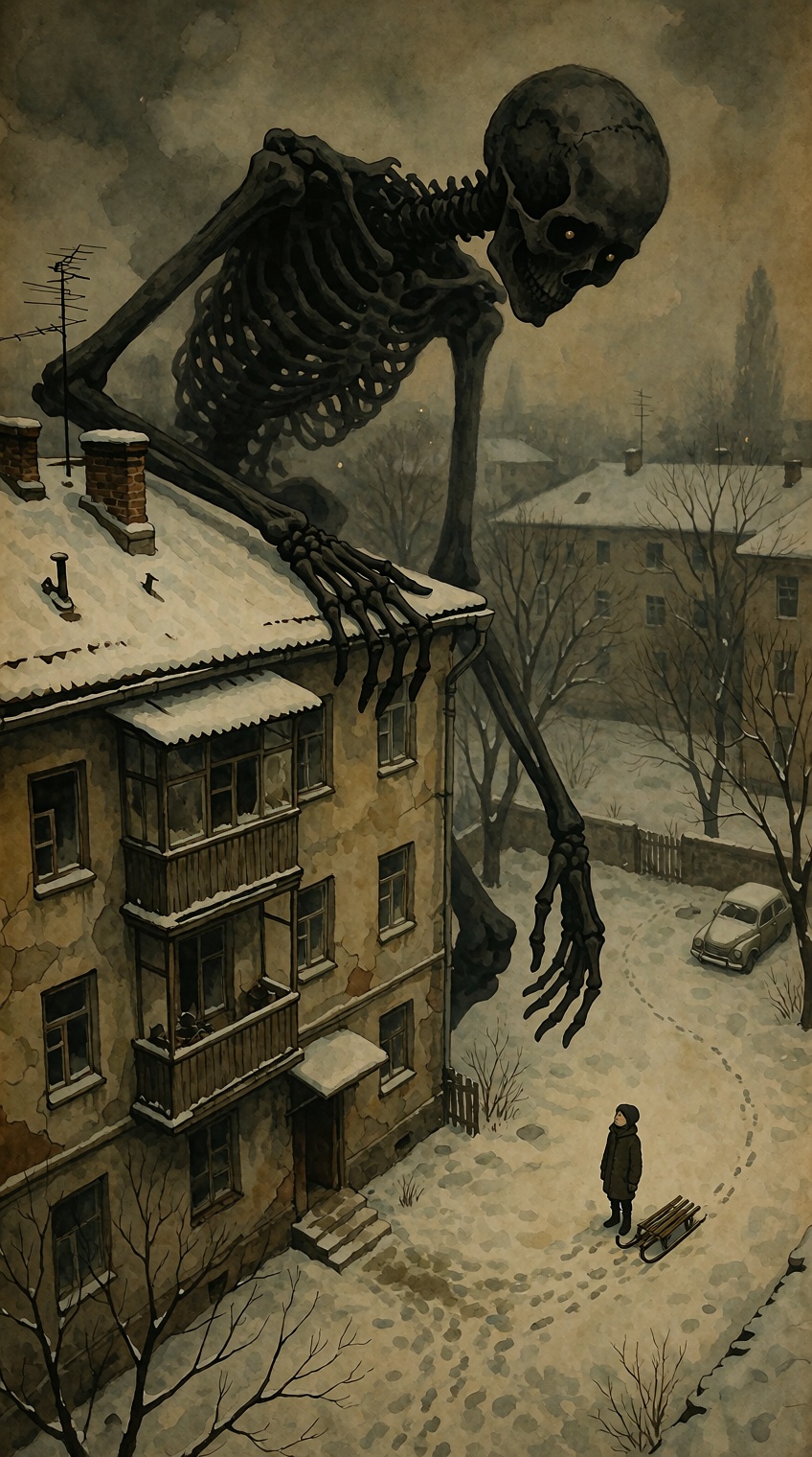hazy retro surreal style,  An original vertical dark-fantasy ink-and-watercolor illustration painted on deeply yellowed ag...