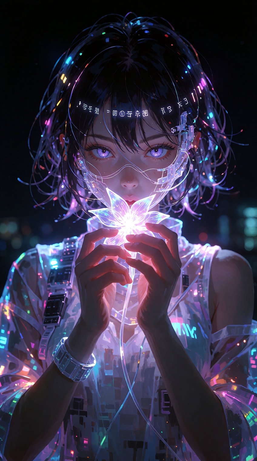 anime oil painting,  A young person with short,  dark hair adorned in glowing neon strands—blue on Tensor.Art