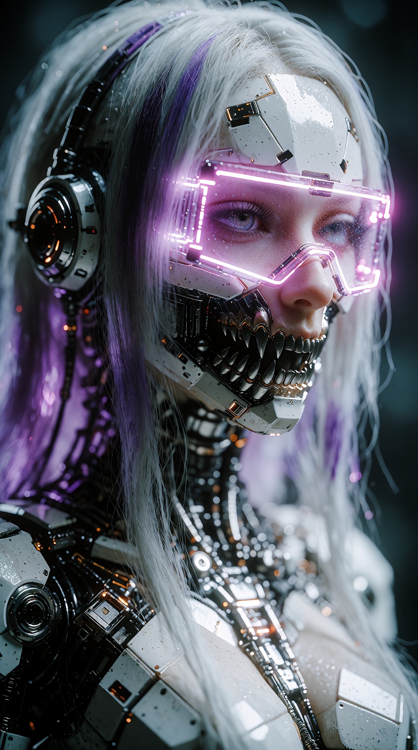 cybernetic female android,  side profile,  sleek white metallic armor plating with intricate panel lines on Tensor.Art