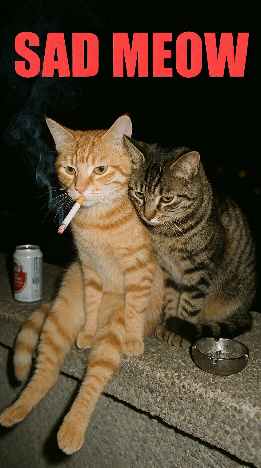 this is an ******* photo taken from smartphone,  casual photo. a medium shot of two melancholic cats sitting on a concrete...