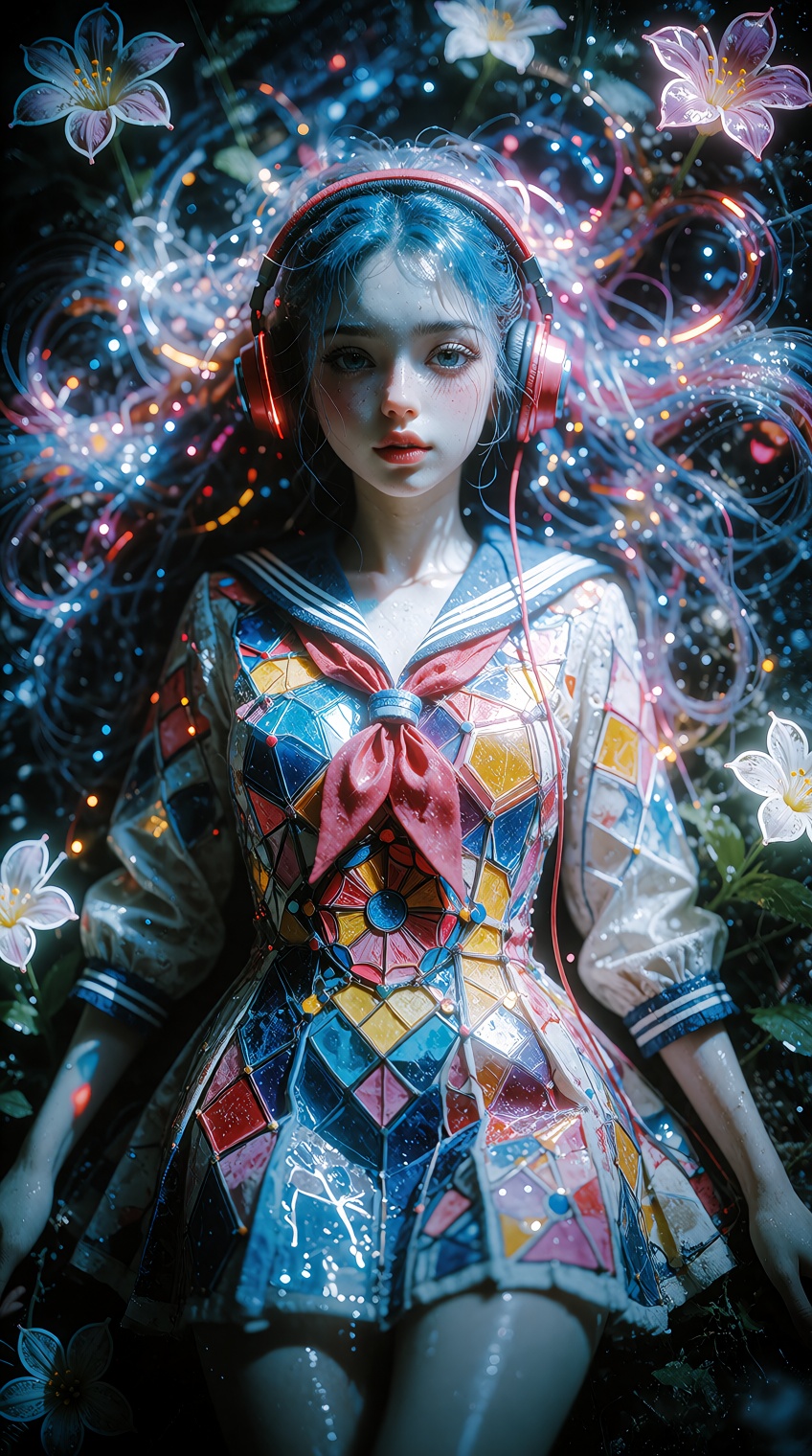 anime-style illustration,  a woman with vibrant blue skin lying in a field of glowing neon flowers,  wearing red headphone...
