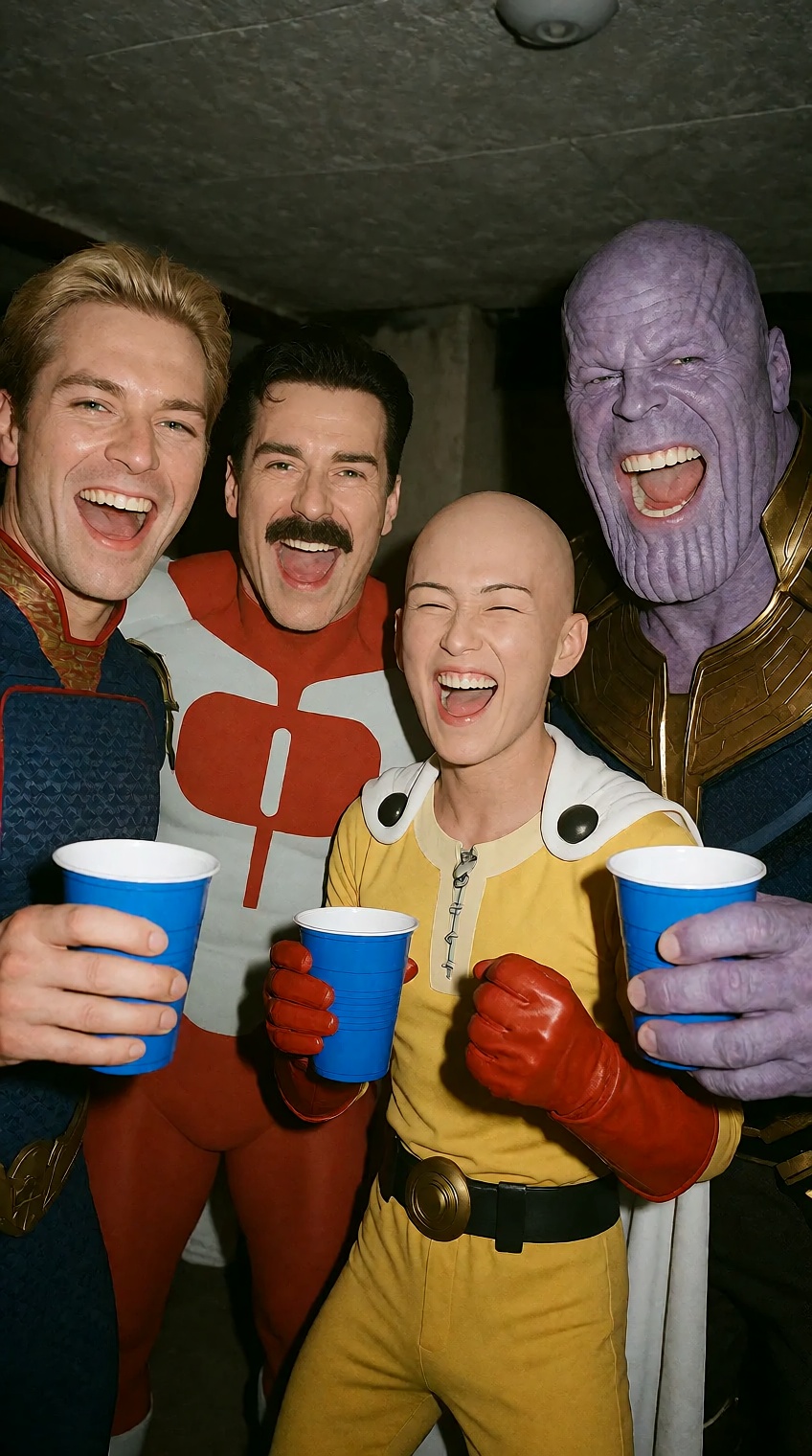 this is an ******* photo taken with a direct flash,  casual party snapshot. a medium shot of four powerful characters stan...
