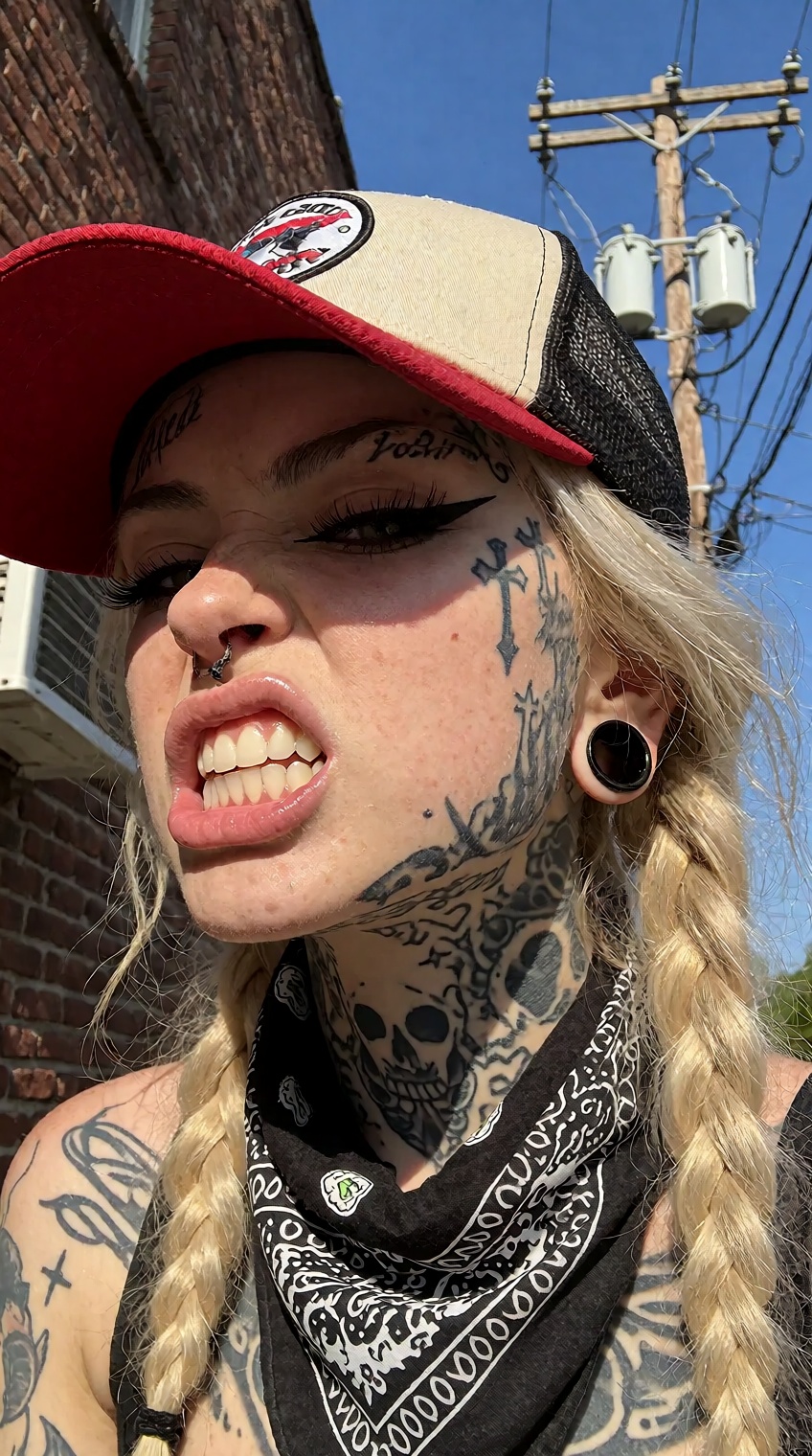 Raw smartphone candid photograph,  close-up portrait. A badass young woman with an aggressive snarl,  baring her teeth wit...