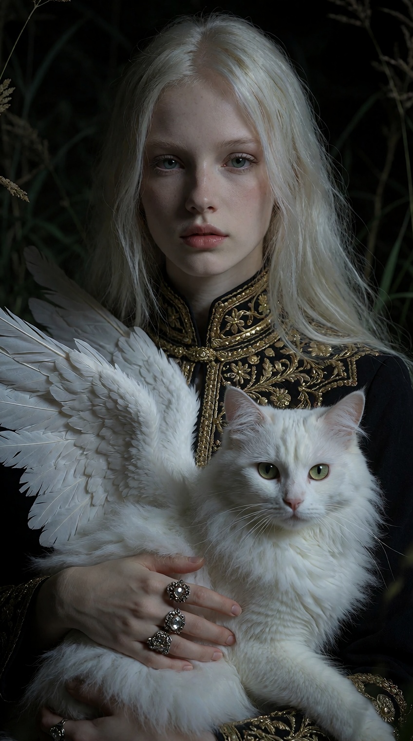 A pale-skinned young woman with long,  straight platinum-blonde hair gazes directly forward,  her expression solemn and co...
