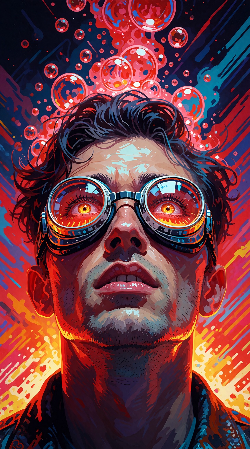 a portrait of a man wearing vintage,  round goggles,  looking upward with intense on Tensor.Art