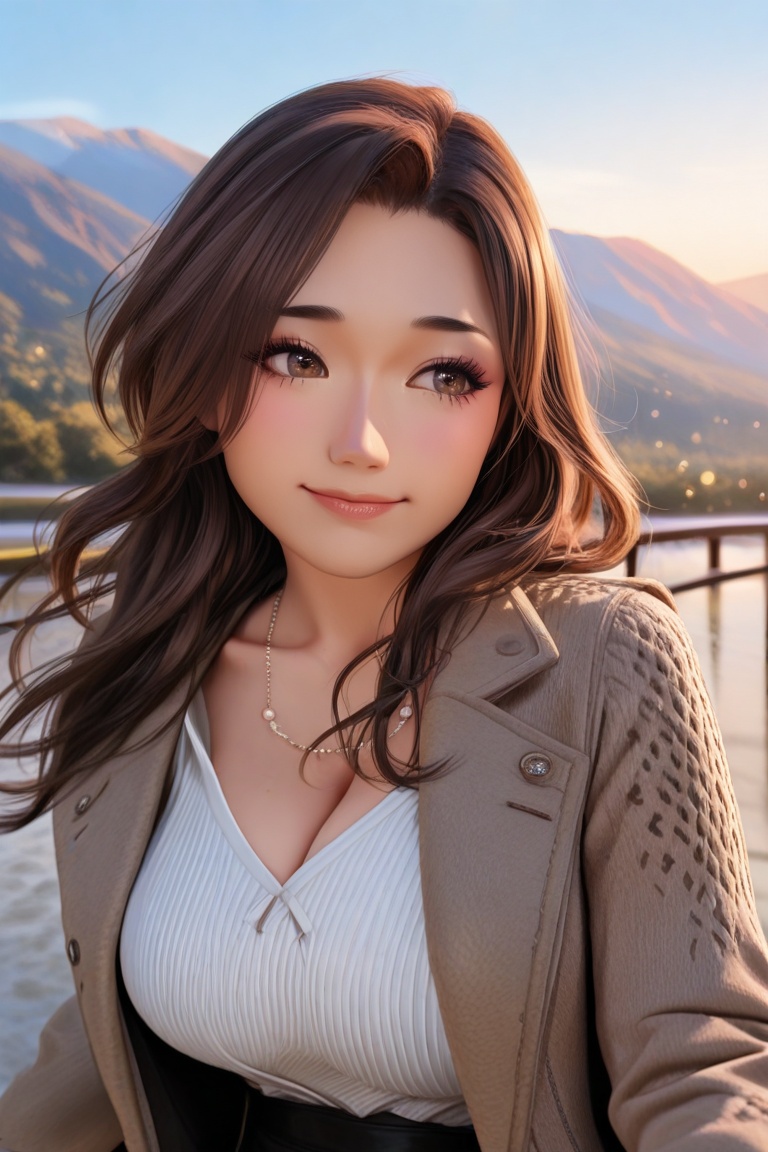 Create a realistic editorial fashion portrait photograph captured in a breathtaking mountainous landscape during golden-ho...