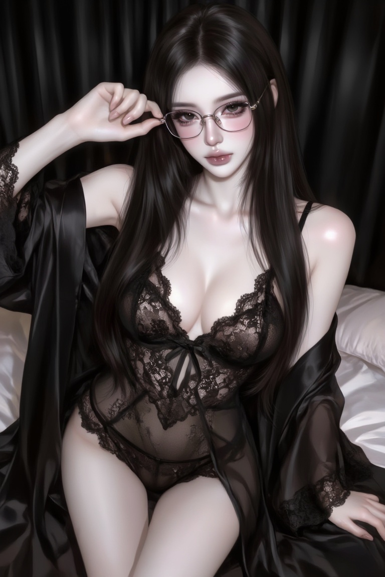 Close-up shot of a fair-skinned woman,  adorned with a black lace long lingerie set with robe. She is wearing a pair of ri...