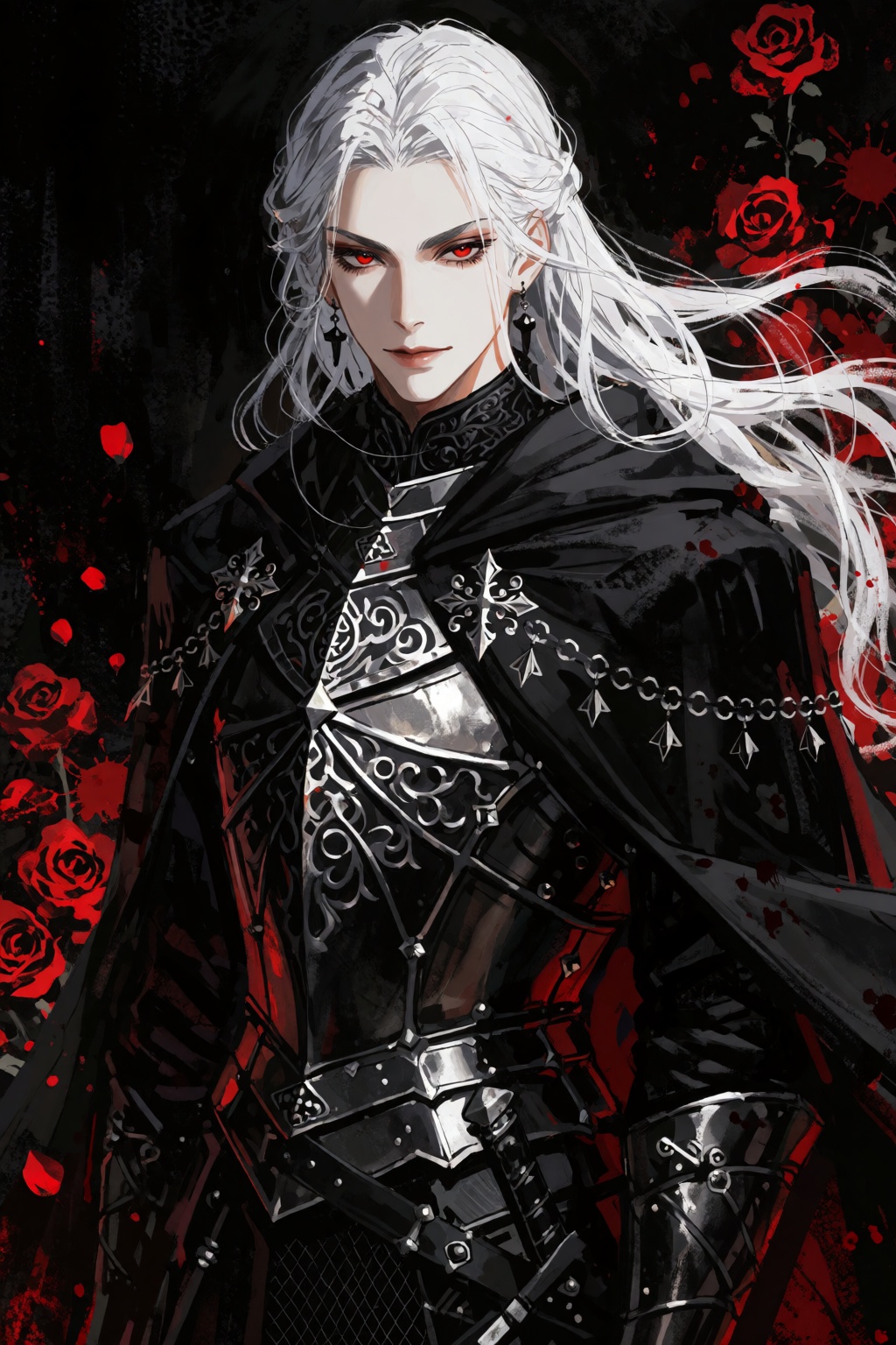 A striking gothic portrait of an elegant young man with flowing,  long white hair and sharp crimson eyes,  looking directl...