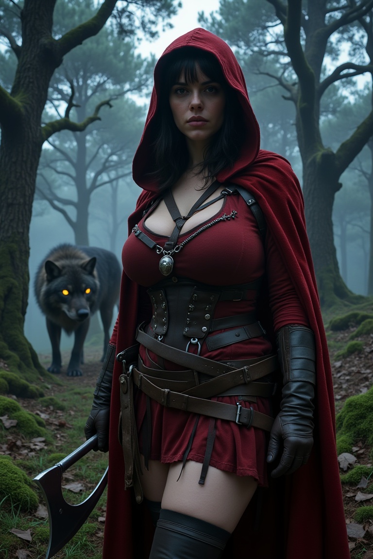 A cinematic dark fantasy shot of a grown-up Little Red Riding Hood as a fierce hunter,  standing in a misty,  ancient pine...