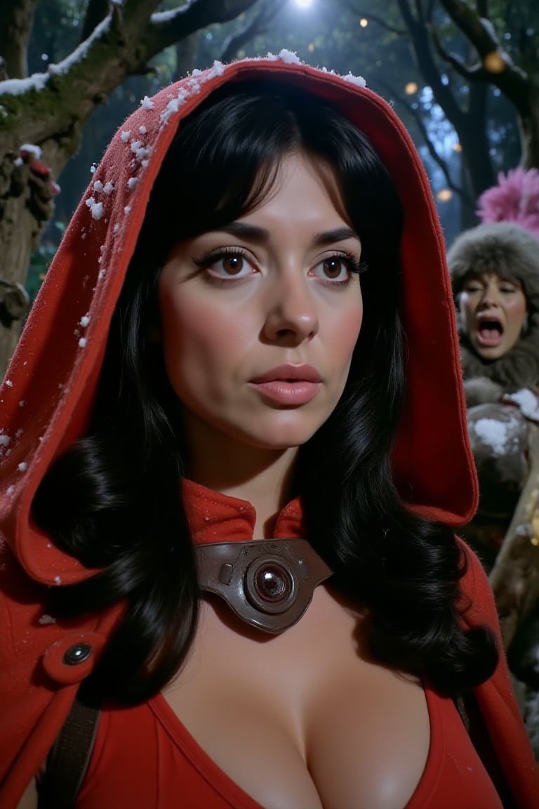 A close-up cinematic portrait of a grown-up Red Riding Hood in a dark fantasy setting. looking directly into the camera. D...