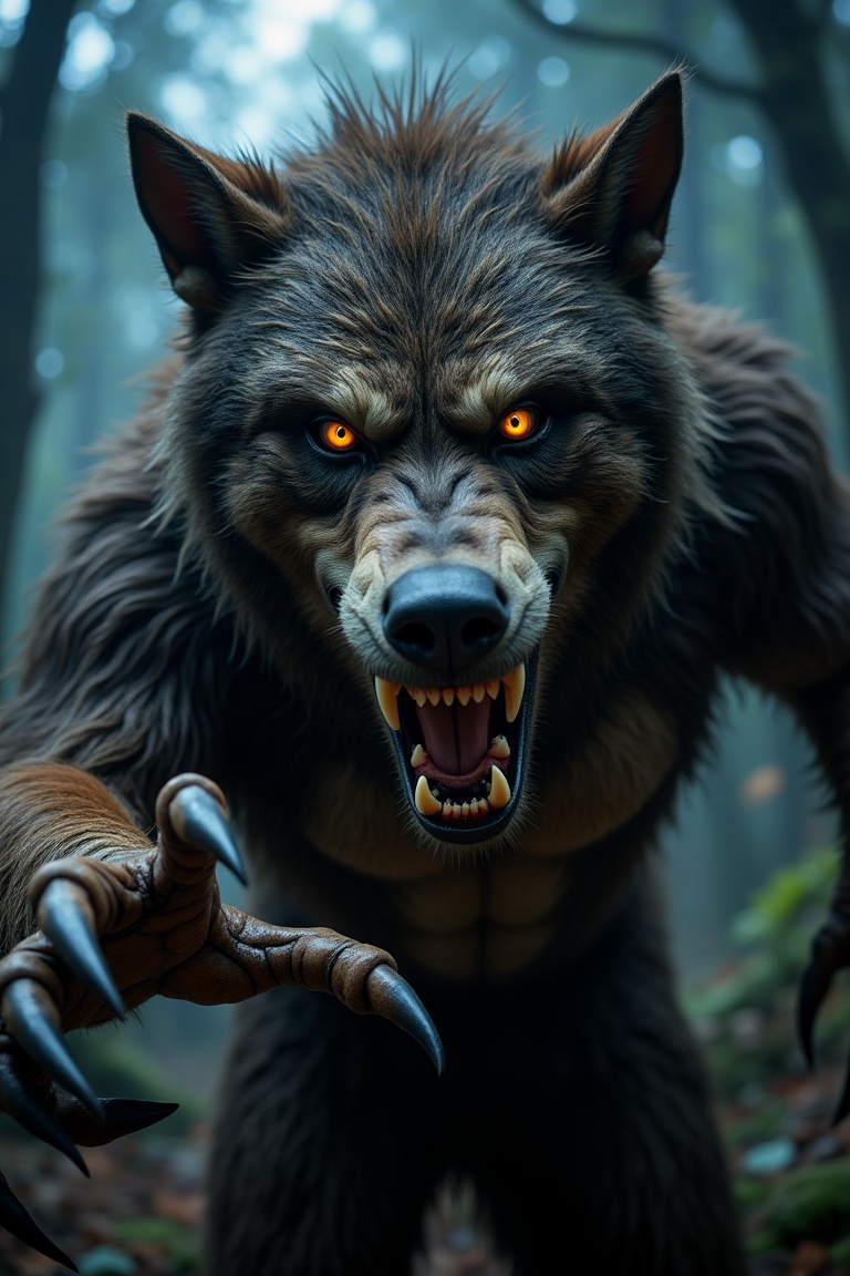 This close-up shot depicts a cinematic,  monstrous werewolf creature featuring matted,  dark brown fur and piercing on Ten...