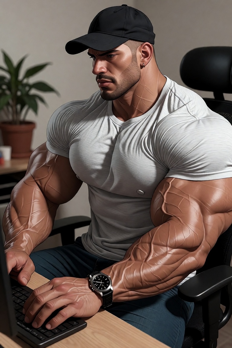 The image shows a person with a muscular build wearing a light gray t-shirt and a black cap. They are seated at a desk,  t...